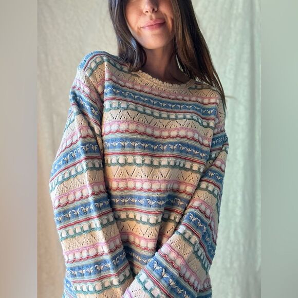 Vintage Pastel Multi-Patterned Knit Crossings Jumper Sweater – 100% Cotton - Picture 12 of 13